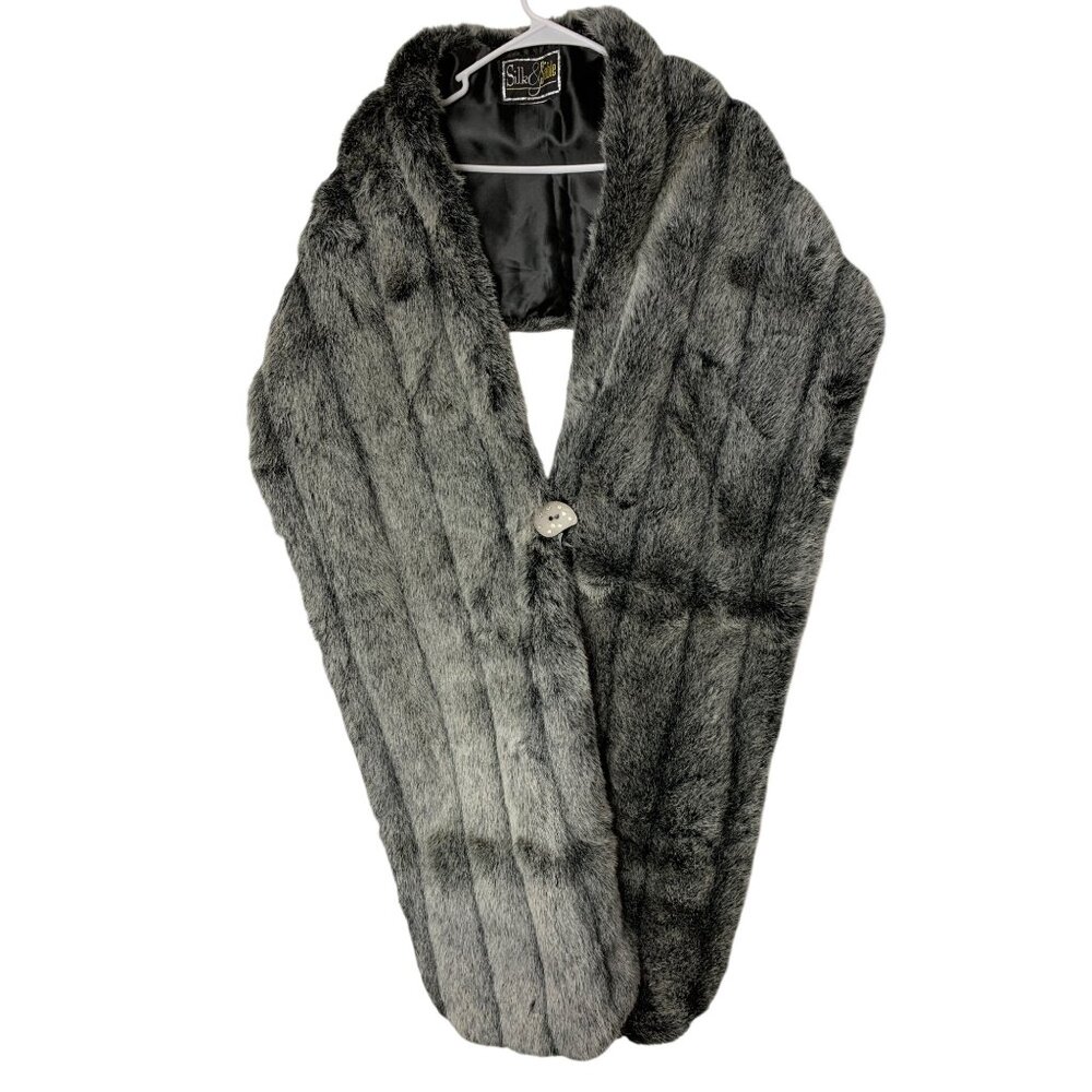 Silk & Sable Gray Faux Fur Wrap Stole 100"x 12.5" Winter Scarf Elegant RD10168